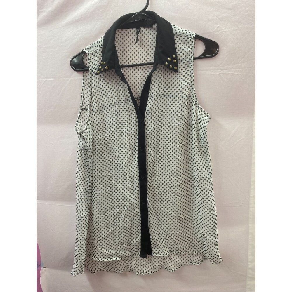 New Directions Women's Size M White w Black Polka Dot Sleeveless High-low Blouse